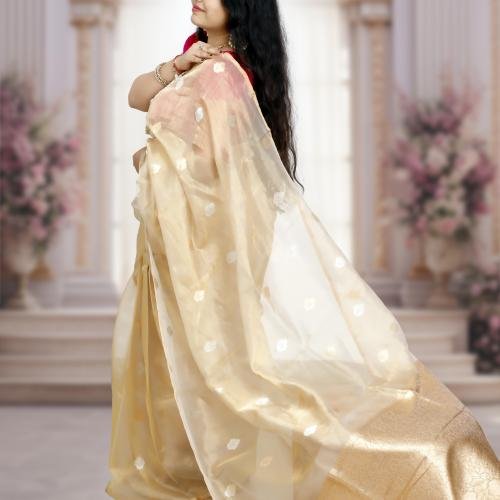 Handwoven Gold Banarasi Kora Tissue Saree with Kadwa Weaving