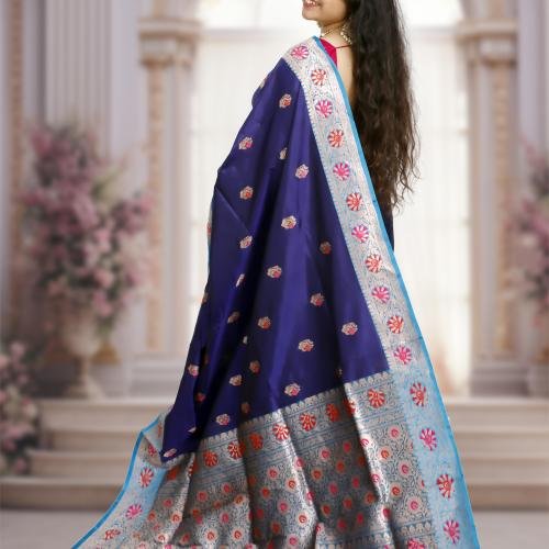 Pure Banarasi Katan Silk Saree with Kadwa Buti & Meenakari – Deep Blue
