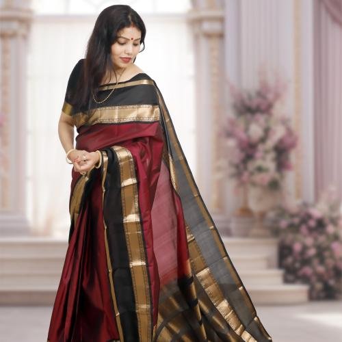 Handwoven Maroon & Black Kanchipuram Silk Saree with Gold Zari Border