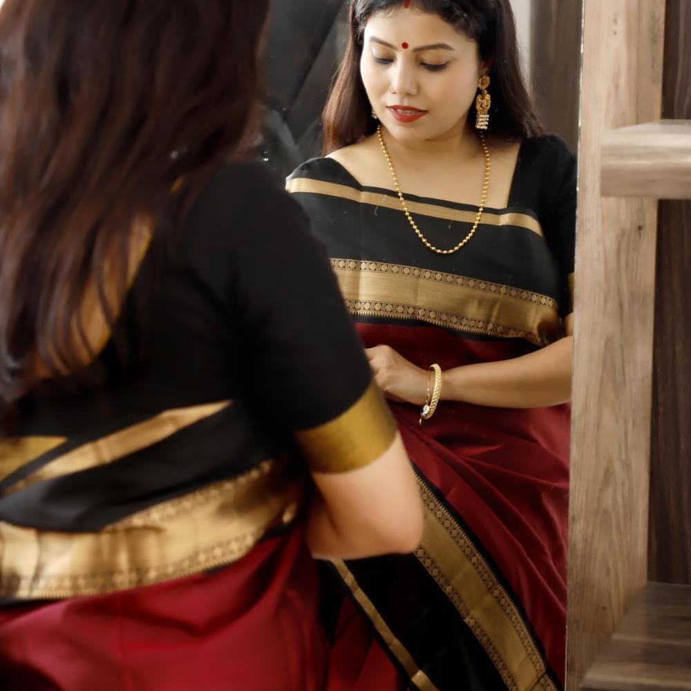 Handwoven Maroon & Black Kanchipuram Silk Saree with Gold Zari Border