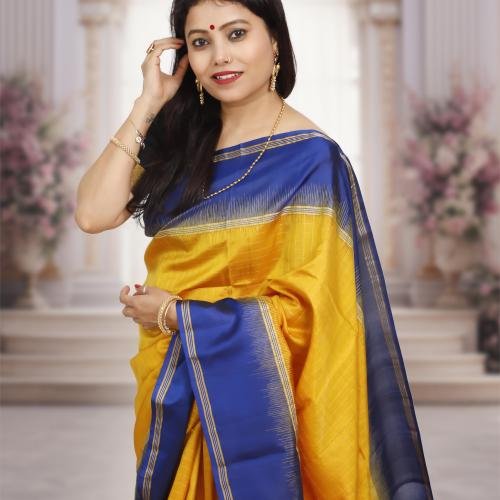 Handwoven Kanchipuram Silk Saree – Yellow Base with Dark Blue Border & Golden Zari