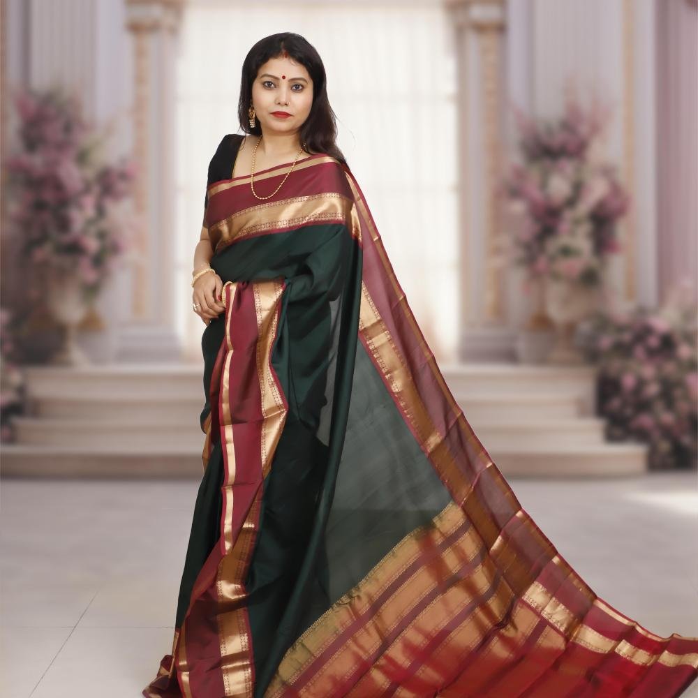 Handwoven Dark Green&Maroon Kanchipuram Silk Saree with Gold Zari Border