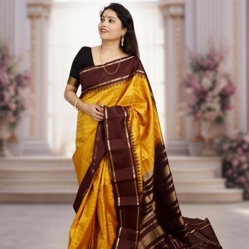 Handwoven Kanchipuram Silk Saree – Mustard Yellow with Dark Brown Border