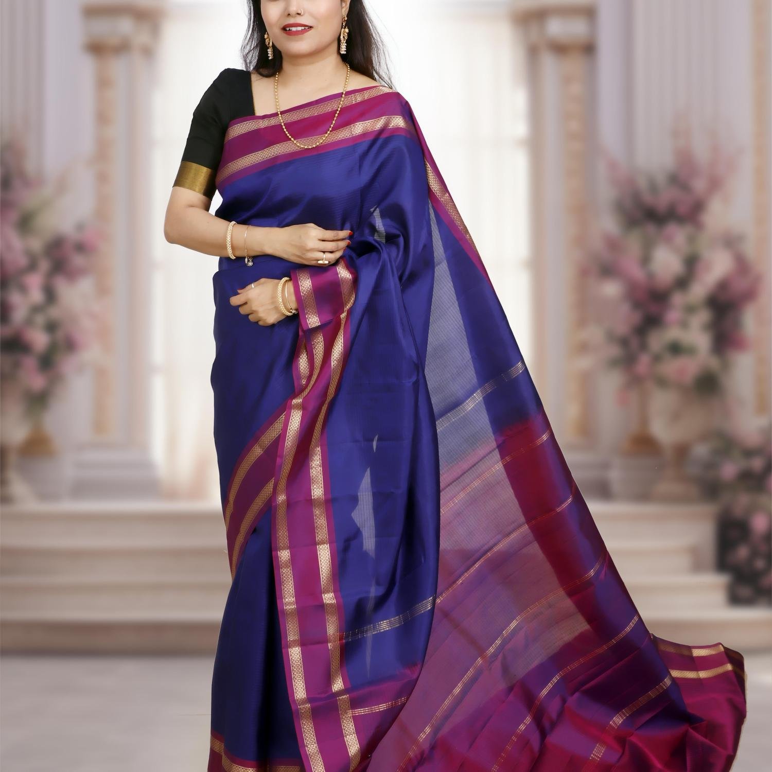 Handwoven Kanchipuram Silk Saree – Dark Blue with Purple Border