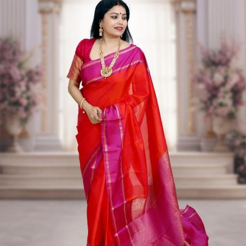 Handwoven Kanchipuram Silk Saree – Red Base with Rani Pink Border & Golden Zari Work