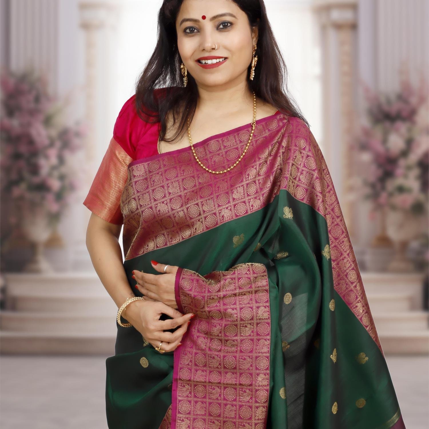 Pure Silk Green Kanchipuram Saree with Real Gold/Silver Zari – Rani Pink Border & Pallu