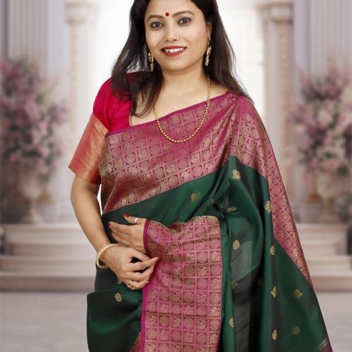 Pure Silk Green Kanchipuram Saree with Real Gold/Silver Zari – Rani Pink Border & Pallu