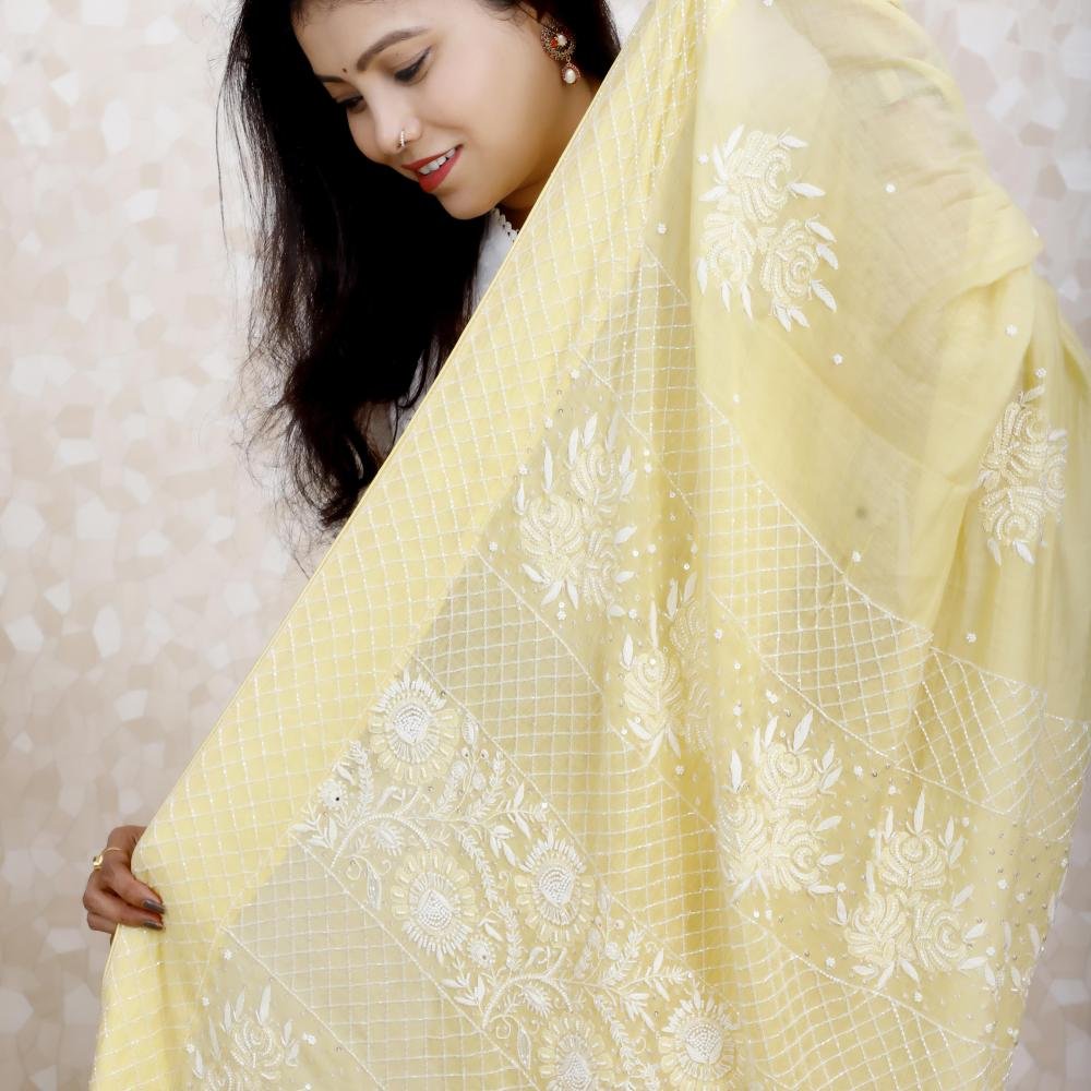 Pure Chanderi Silk Chikankari Saree – Yellow with White Thread Work & Embellishments