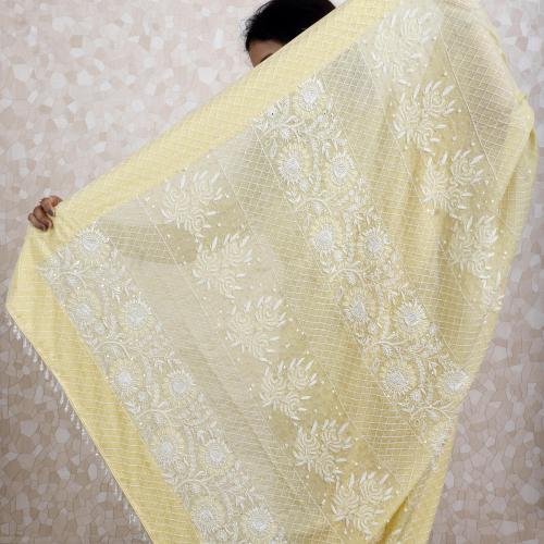 Pure Chanderi Silk Chikankari Saree – Yellow with White Thread Work & Embellishments