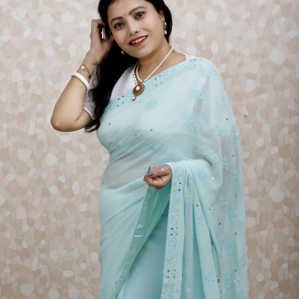 Viscose Georgette Saree with Chikankari & Mukaish Work – Soft Teal with Thread Embroidery
