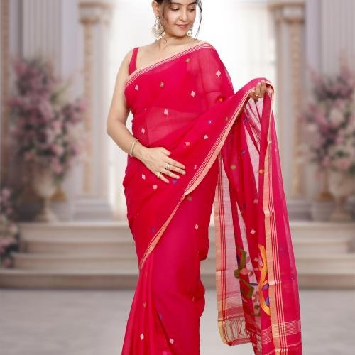 Handwoven Bengal Cotton Phulia Jamdani Saree – Rani Pink