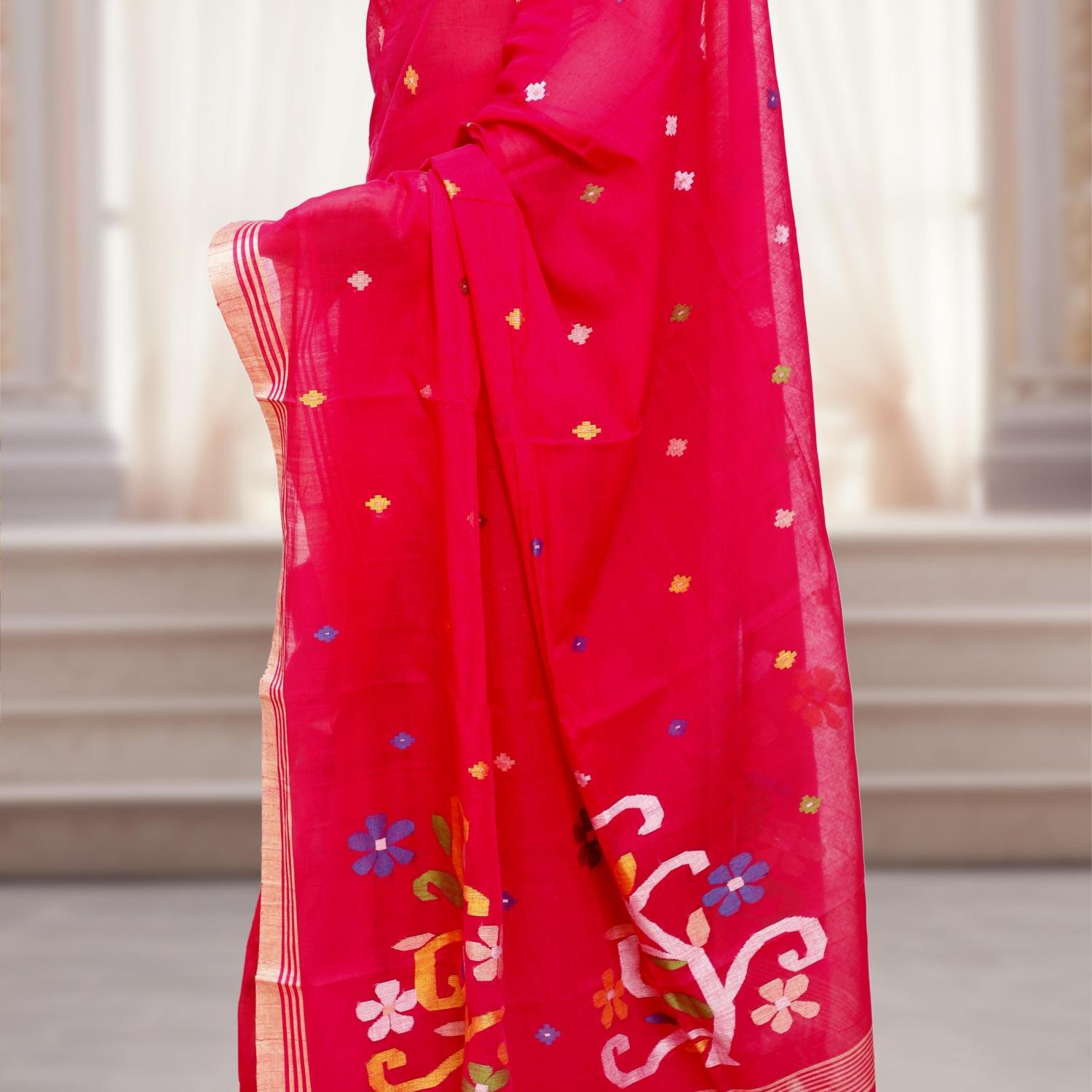 Handwoven Bengal Cotton Phulia Jamdani Saree – Rani Pink