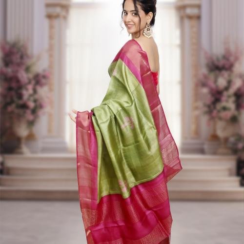 Bishnupuri Gachi Tusser Silk Saree with Hand-Painted Design – Green & Pink