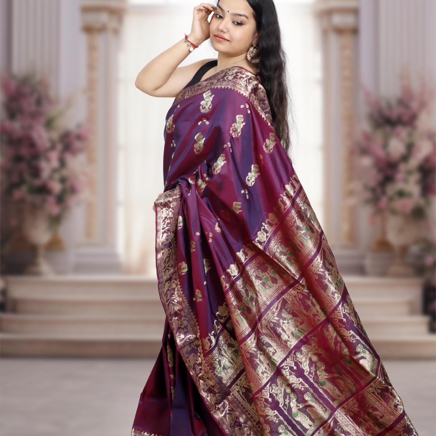 Swarnachari Silk Saree – Purple with Gold Zari Work