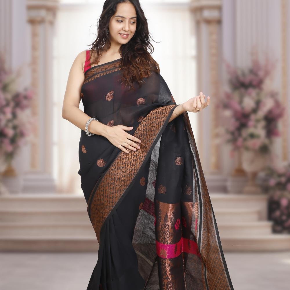 Handwoven Cotton Linen Banarasi Saree – Black & Antique Gold Zari Kadhwa