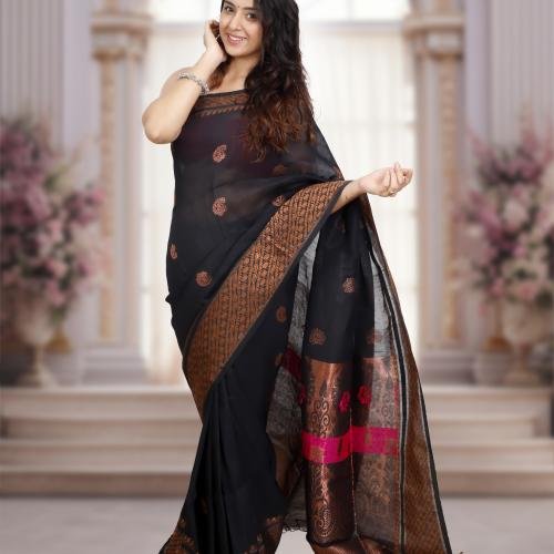 Handwoven Cotton Linen Banarasi Saree – Black & Antique Gold Zari Kadhwa