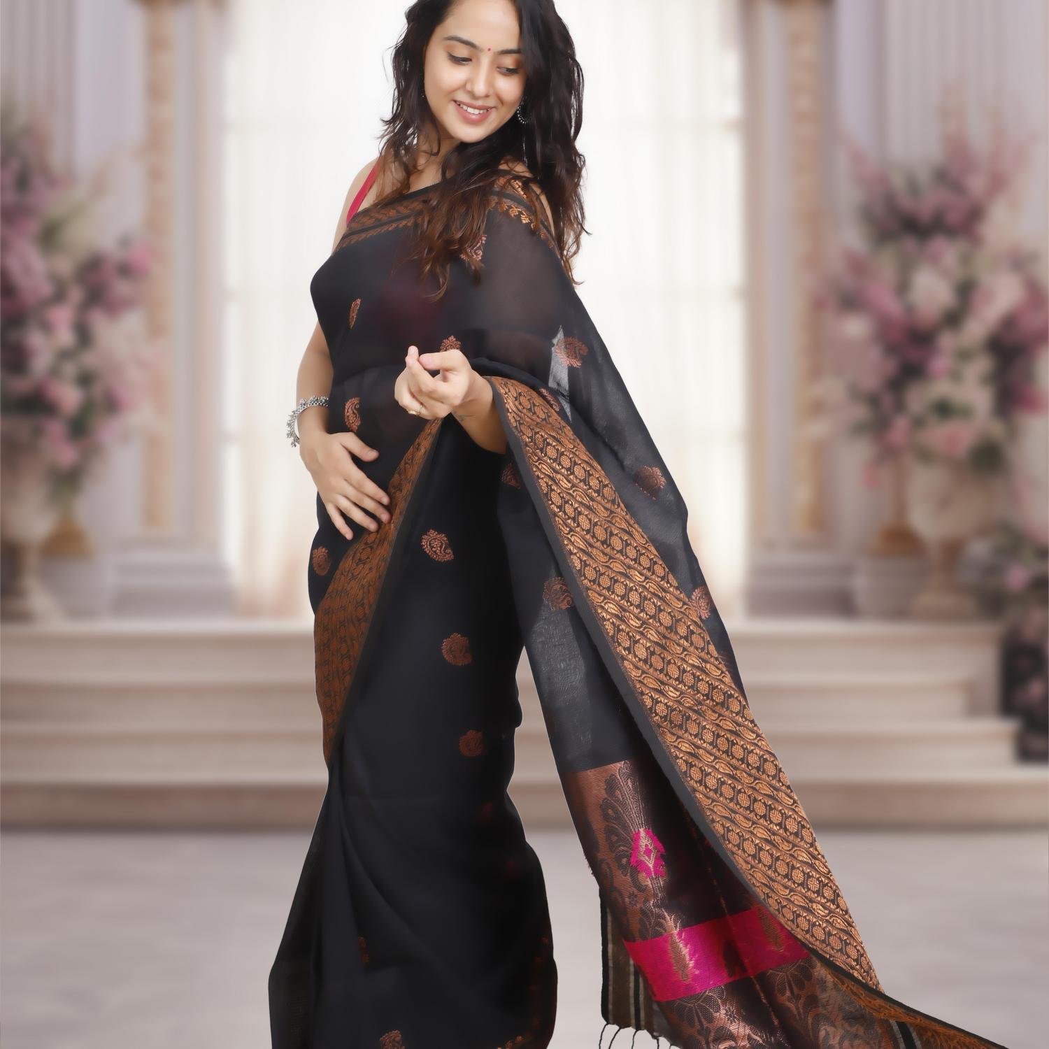 Handwoven Cotton Linen Banarasi Saree – Black & Antique Gold Zari Kadhwa