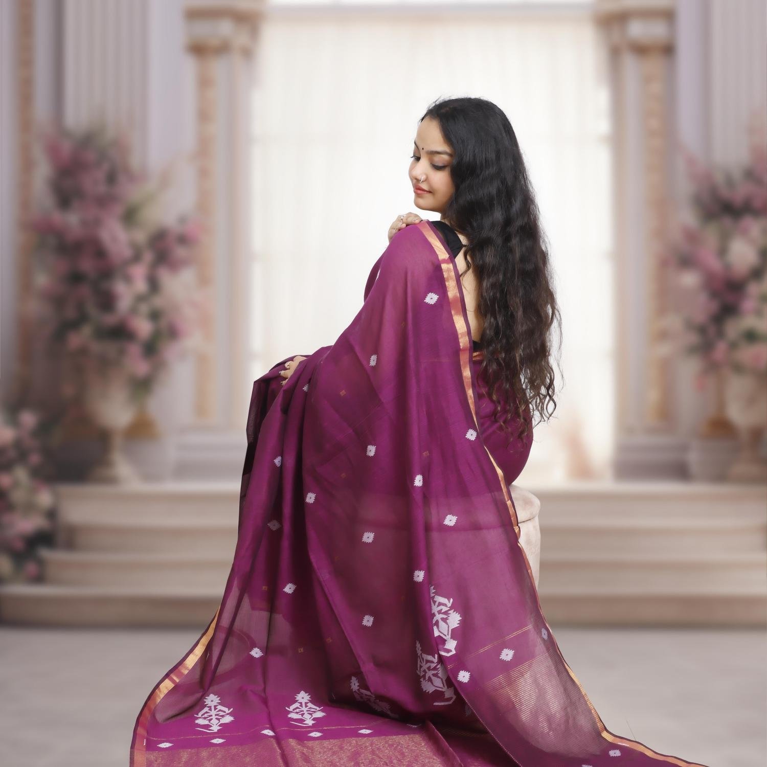 Handwoven Pure Mercerized Cotton Saree with Jacquard Pallu – Jamun