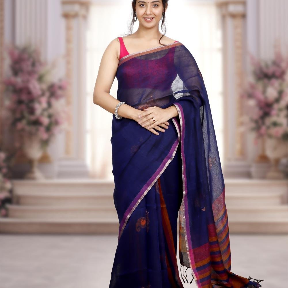 Pure Bengal Handwoven Linen Saree – Dark Bluewith Pink & Orange Stripes