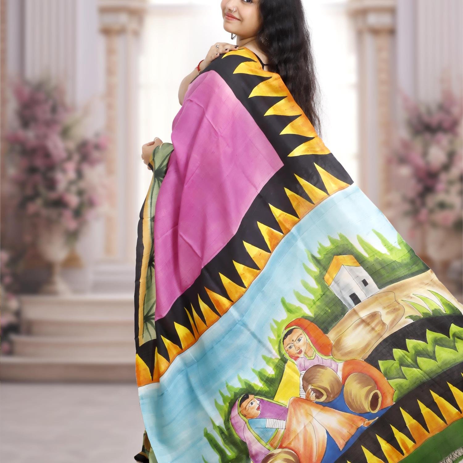 Pure Murshidabad Silk Handloom Saree with Hand-Painted Design – Pink Base