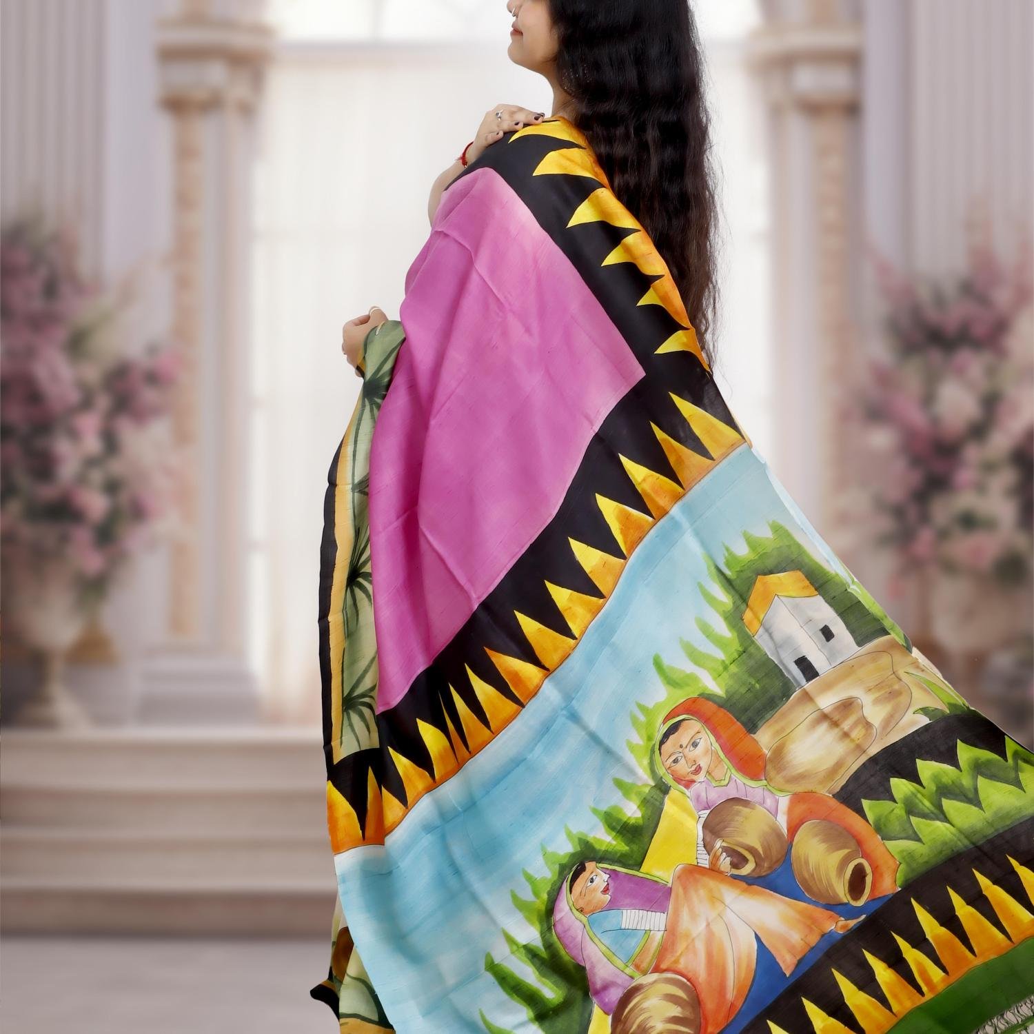Pure Murshidabad Silk Handloom Saree with Hand-Painted Design – Pink Base