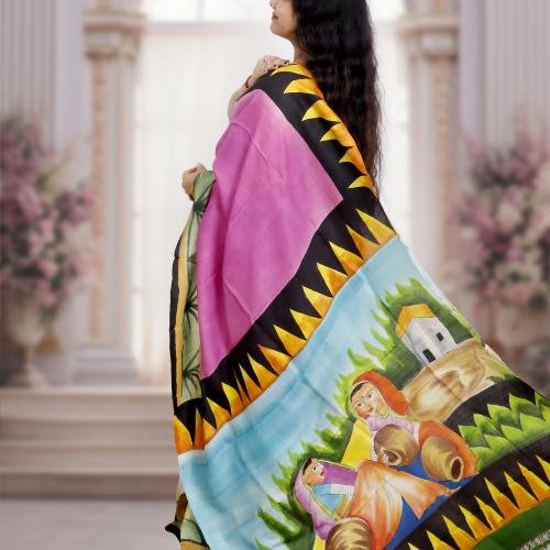 Pure Murshidabad Silk Handloom Saree with Hand-Painted Design – Pink Base