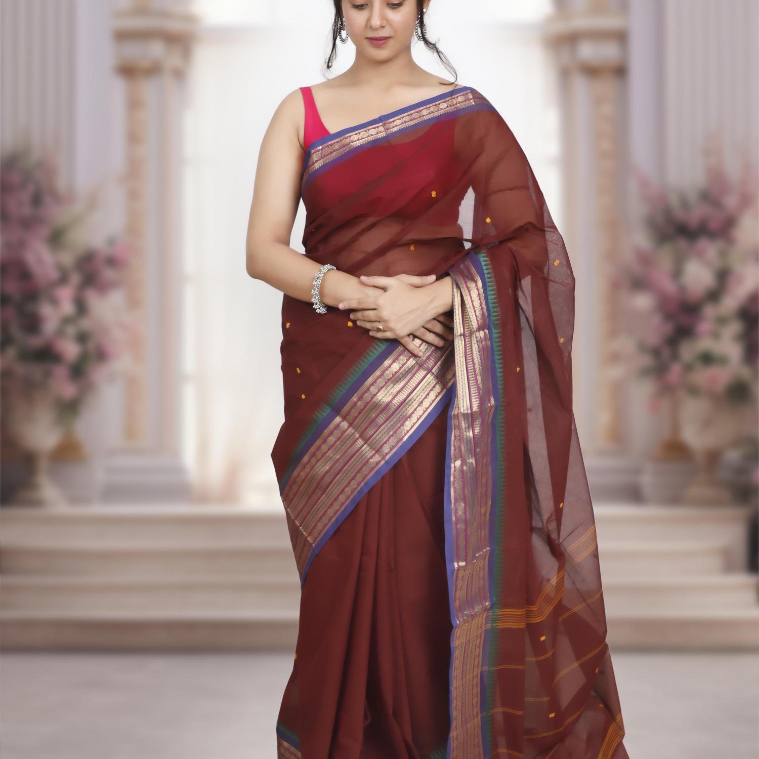 Pure Kanchi Cotton Saree – Burgundy Base &Golden Zari Border