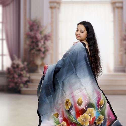 Pure Murshidabad Silk Handloom Saree with Hand-Painted Design – Grey Base