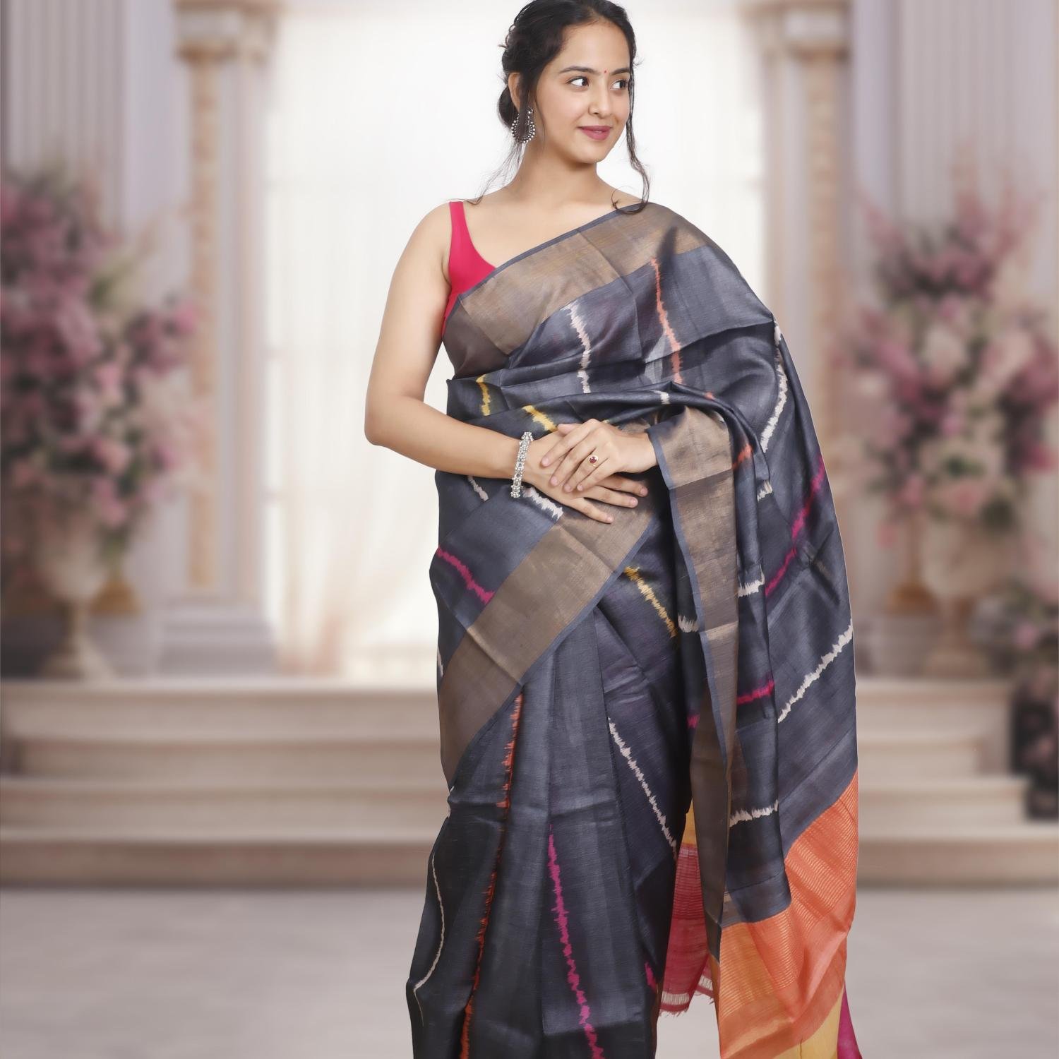 Bishnupuri Gachi Tusser Silk Saree with Shrivori Design– Grey Base