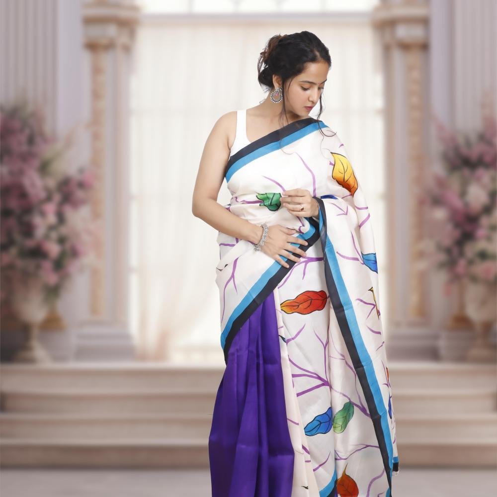 Pure Murshidabad Silk Handloom Saree with Hand-Painted Design – White & Purple Base