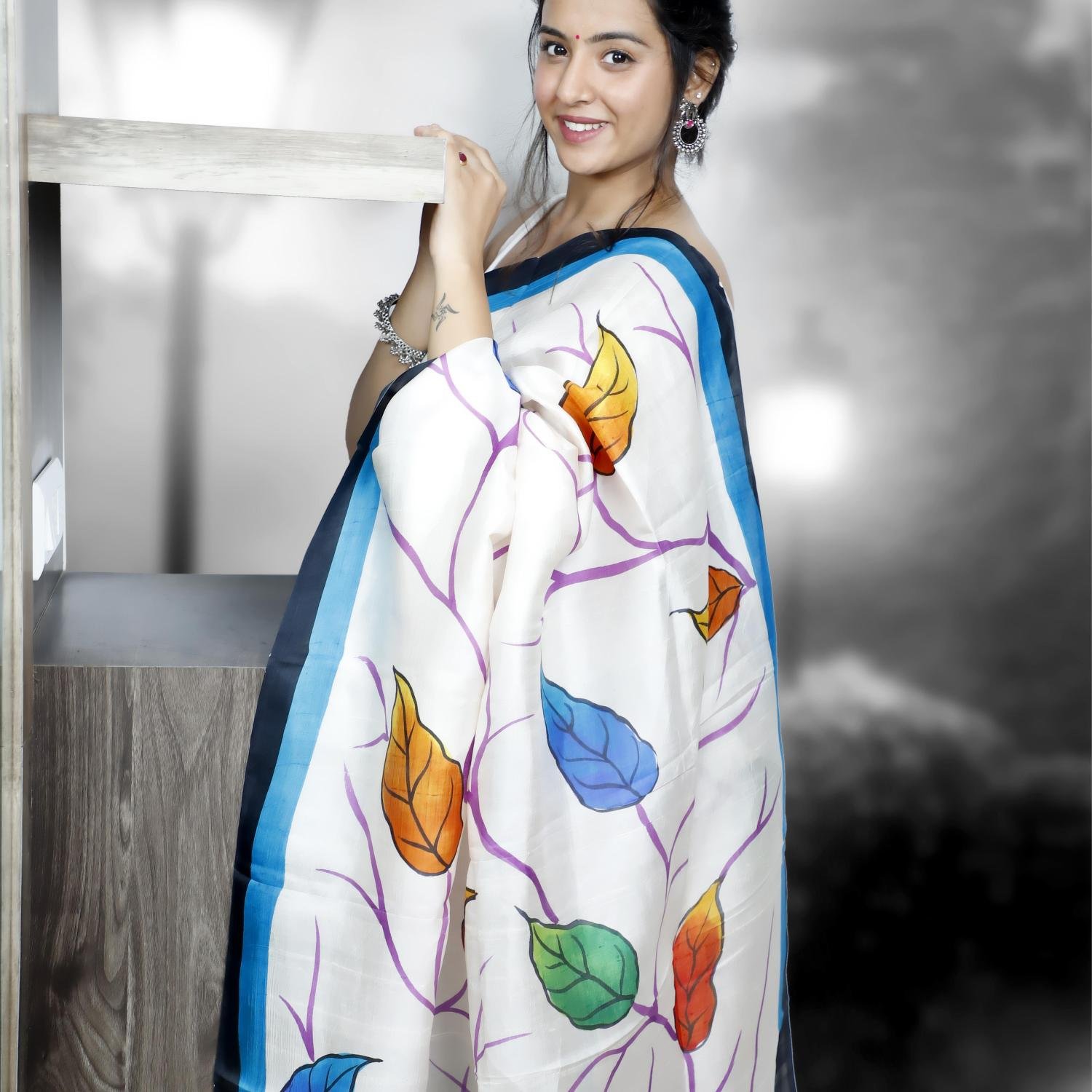 Pure Murshidabad Silk Handloom Saree with Hand-Painted Design – White & Purple Base