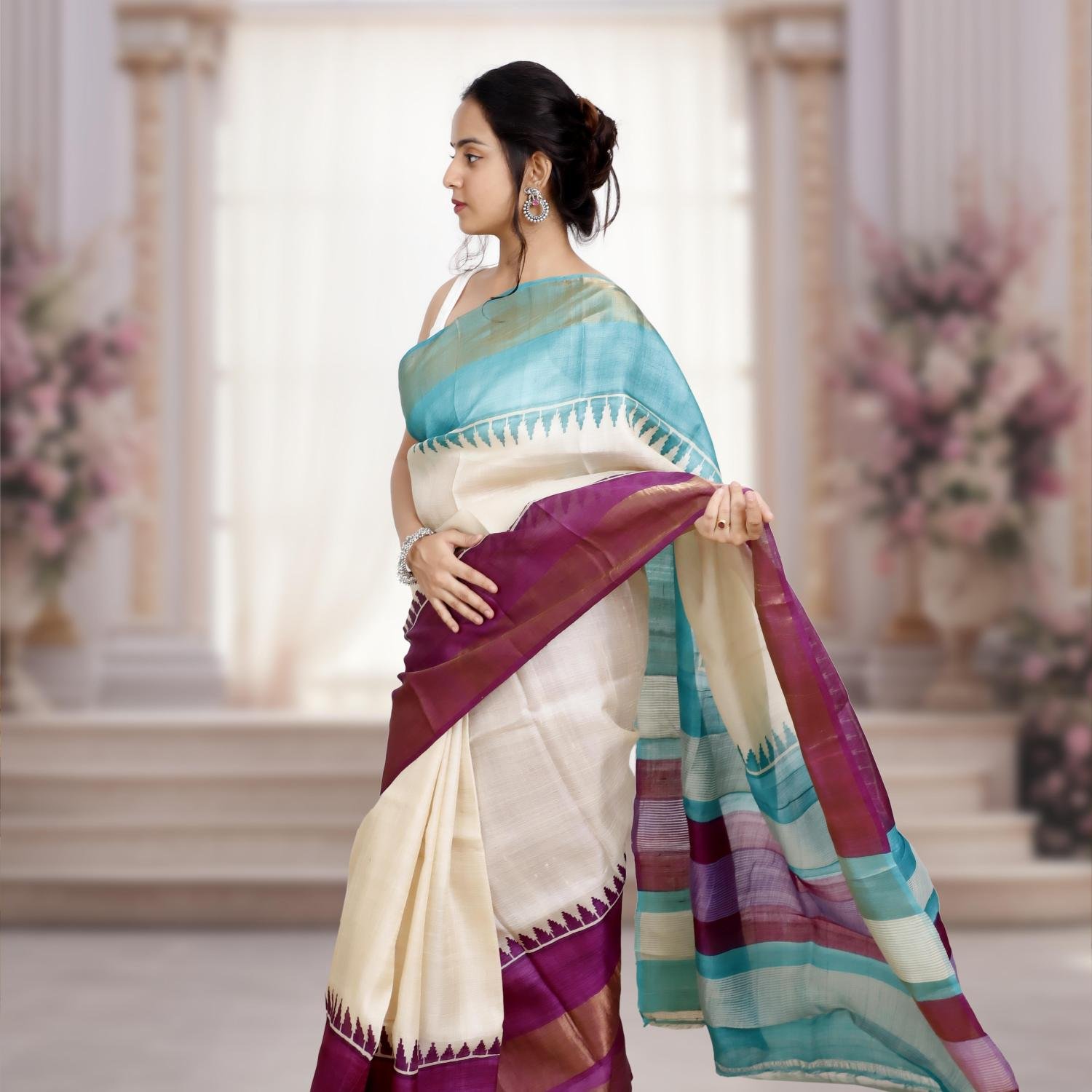 Bishnupuri Gachi Tusser Silk Saree with Hand-Block Design – Off white, Teal & Purple