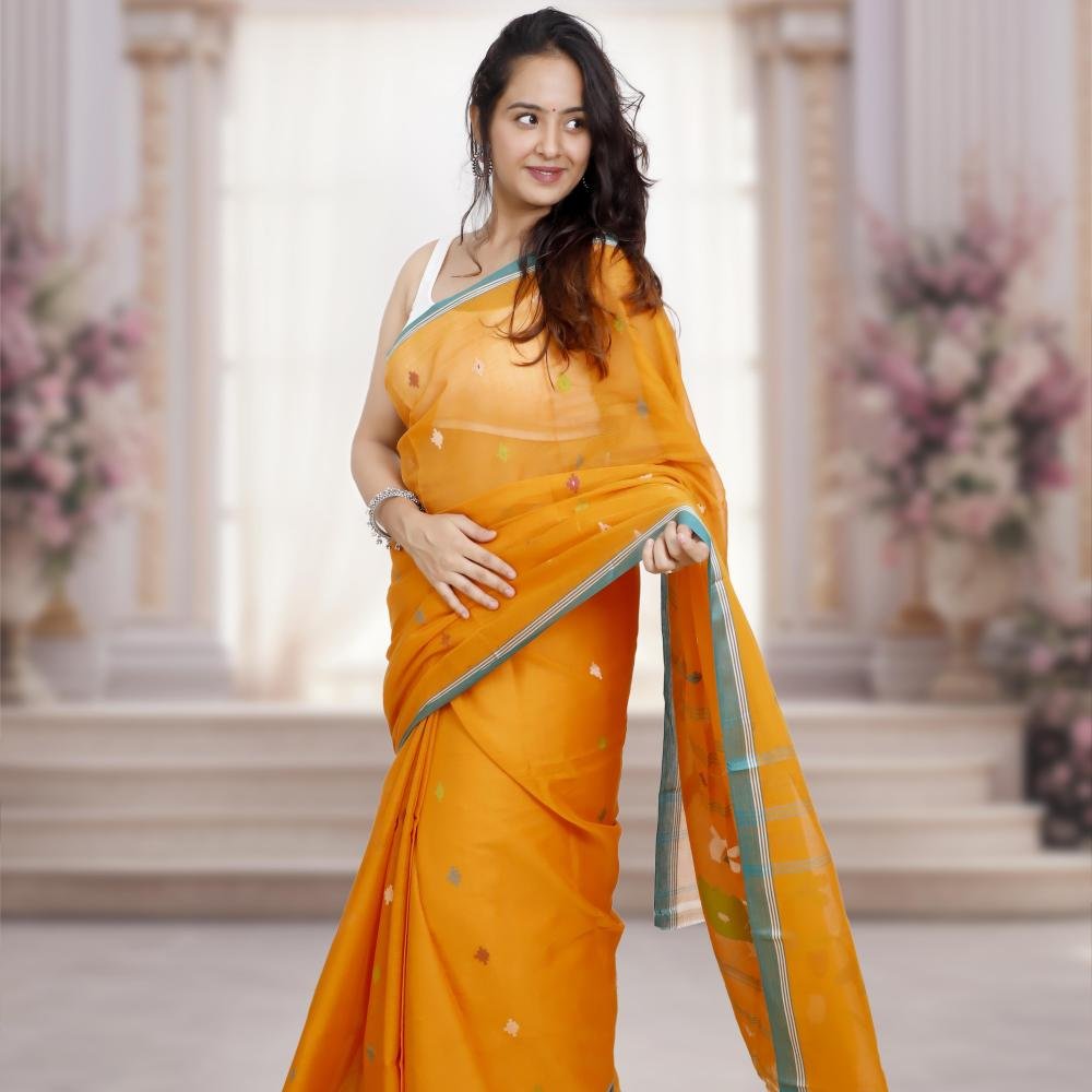 Handwoven Bengal Cotton Phulia Jamdani Saree – Orange