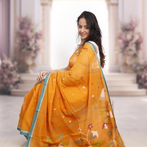 Handwoven Bengal Cotton Phulia Jamdani Saree – Orange
