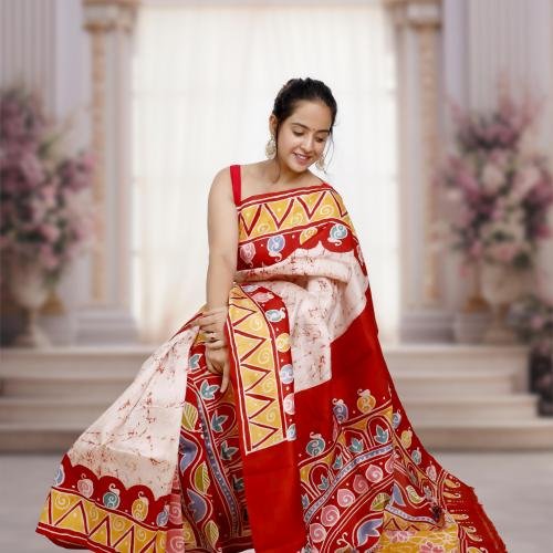 Murshidabad Pure Silk Saree with Hand-Painted Wax Batik – Off white & Red Base