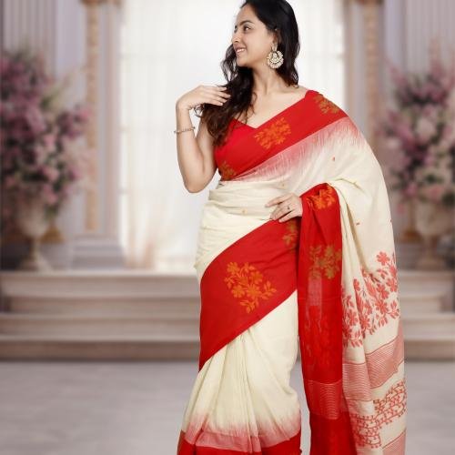 Bengal Handwoven Cotton Ikkat Saree – Off White & Red