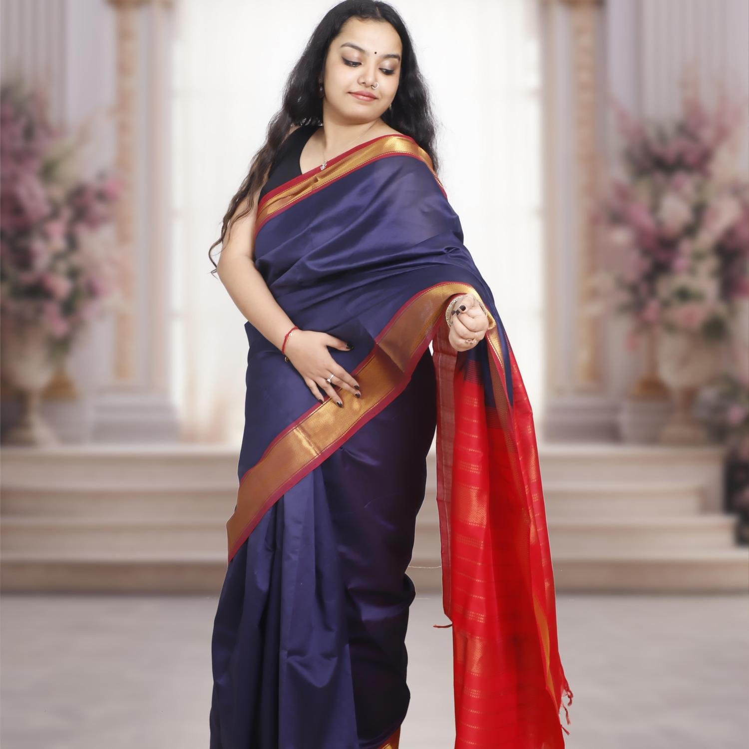 Kanchi Silk Cotton Saree – Dark Blue Body with Red Pallu & Golden Zari Border