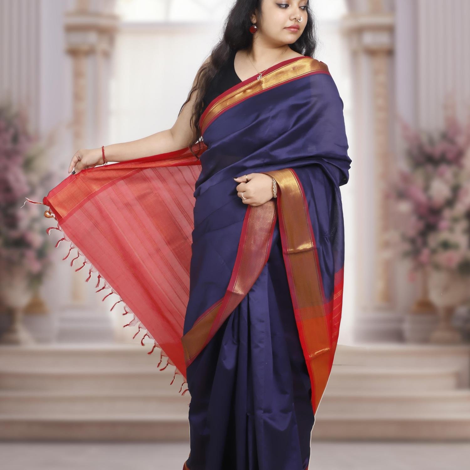 Kanchi Silk Cotton Saree – Dark Blue Body with Red Pallu & Golden Zari Border