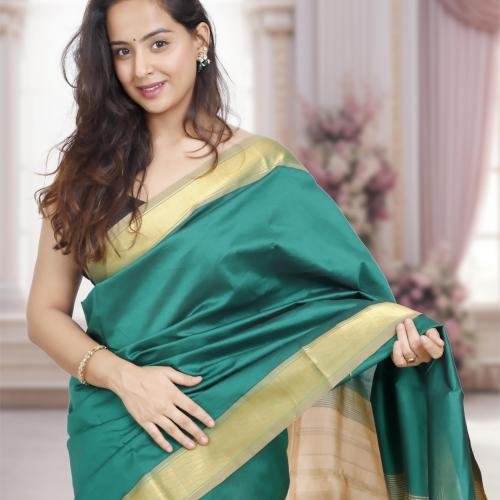 Kanchi Silk Cotton Saree – Dark Green with Beige Pallu & Golden Zari Border