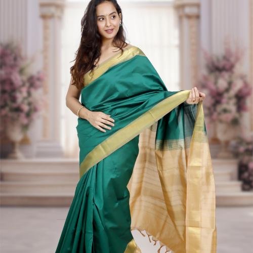 Kanchi Silk Cotton Saree – Dark Green with Beige Pallu & Golden Zari Border