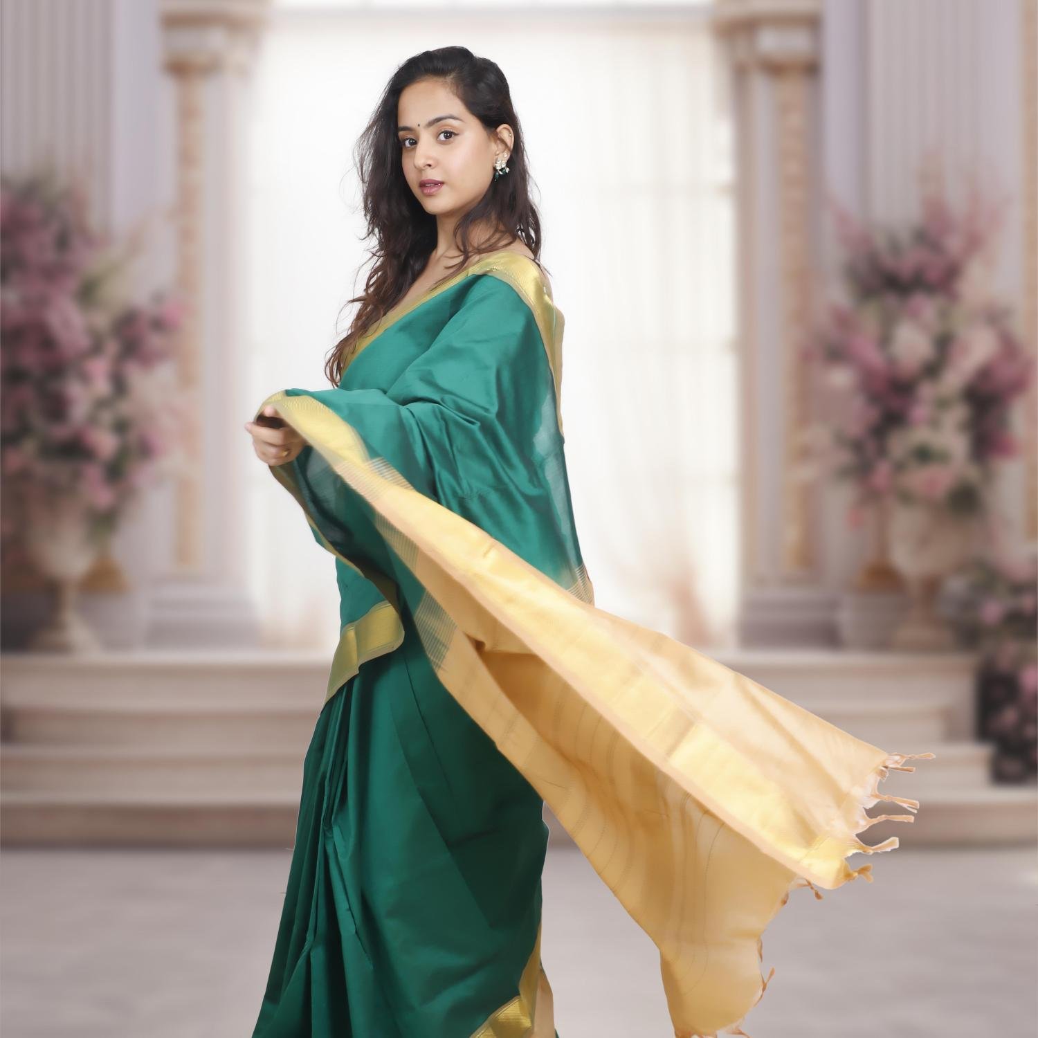 Kanchi Silk Cotton Saree – Dark Green with Beige Pallu & Golden Zari Border