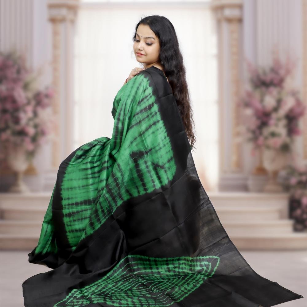 Handwoven Murshidabad Pure Silk Saree with Shrivori Design – Green & Black