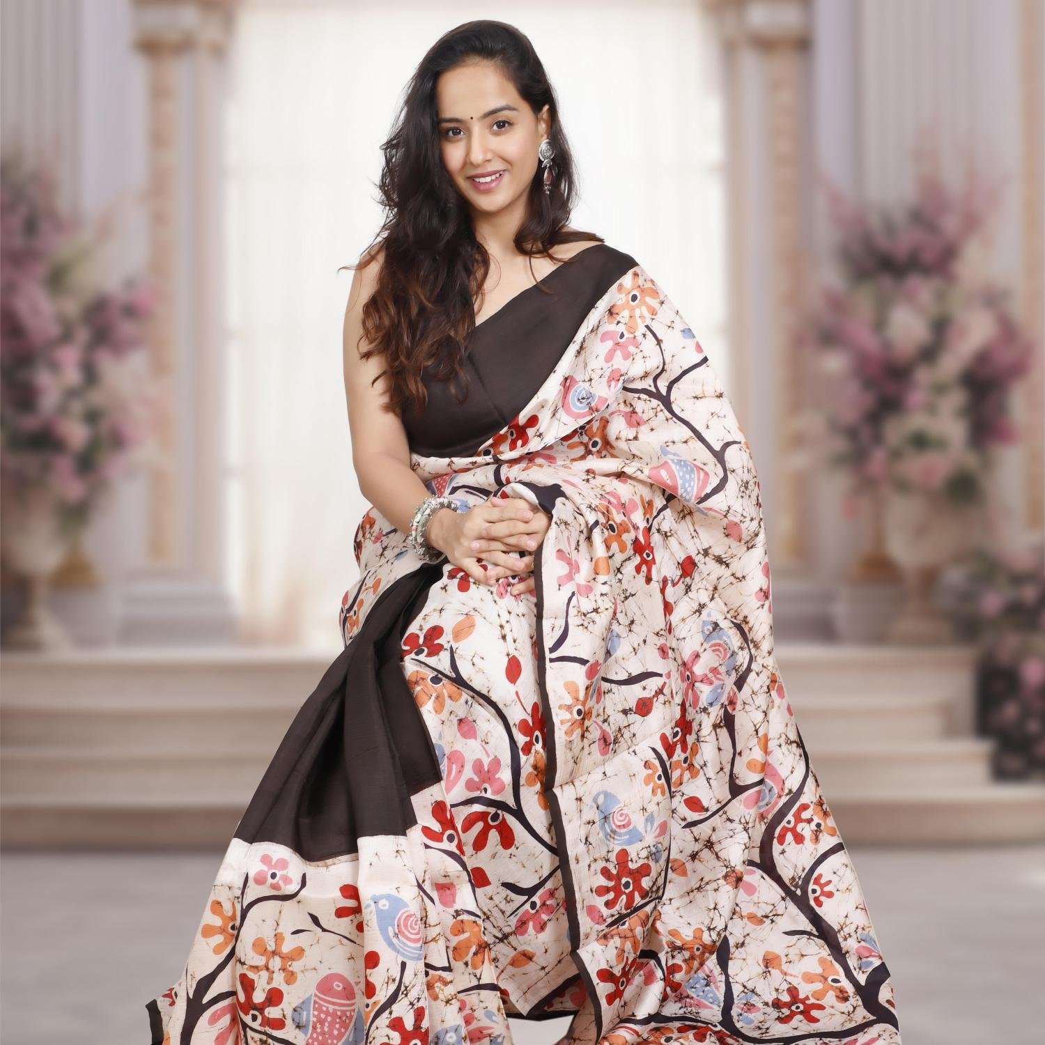 Murshidabad Pure Silk Saree with Hand-Painted Wax Batik – Off white & Black Base