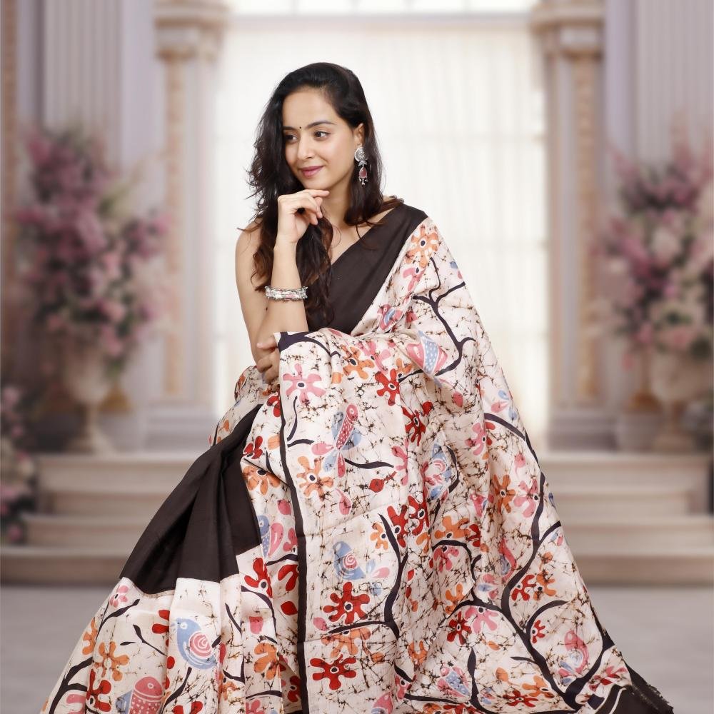 Murshidabad Pure Silk Saree with Hand-Painted Wax Batik – Off white & Black Base