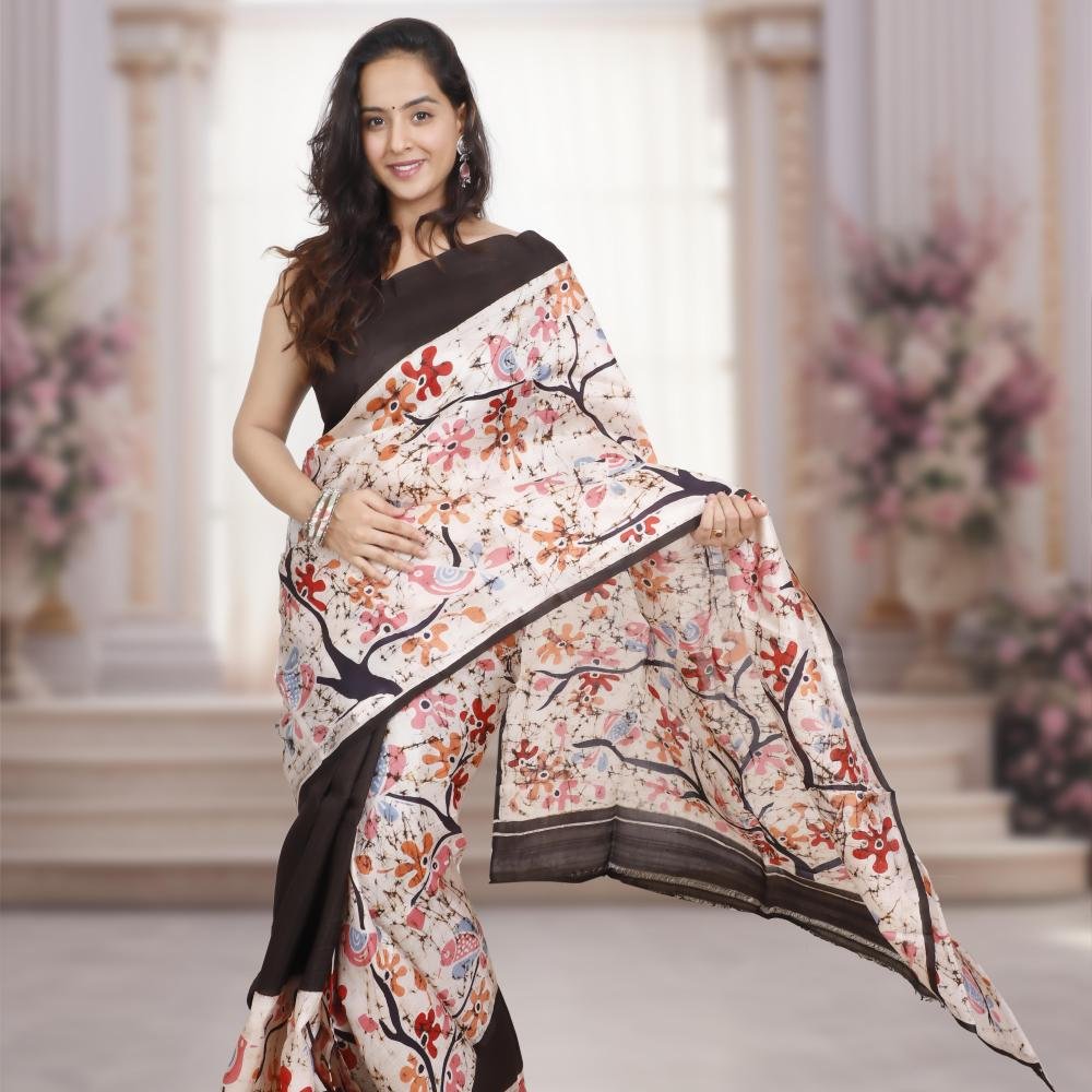 Murshidabad Pure Silk Saree with Hand-Painted Wax Batik – Off white & Black Base