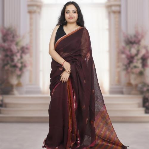 Pure Bengal Handwoven Linen Saree – Brown with Pink & Orange Stripes