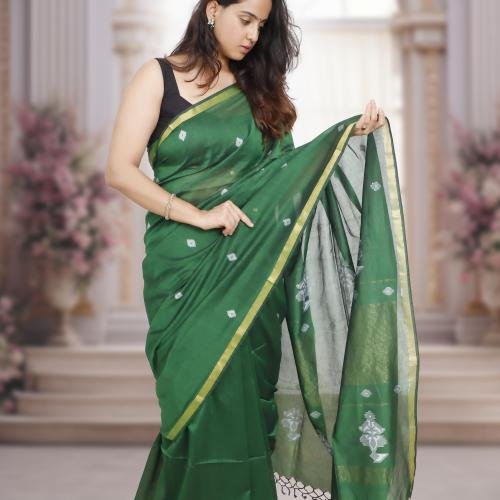 Handwoven Pure Mercerized Cotton Saree with Jacquard Pallu – Green
