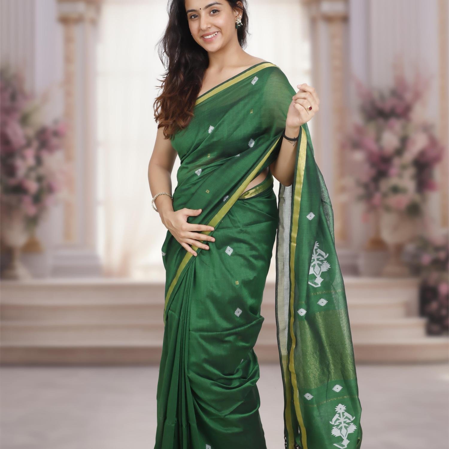 Handwoven Pure Mercerized Cotton Saree with Jacquard Pallu – Green