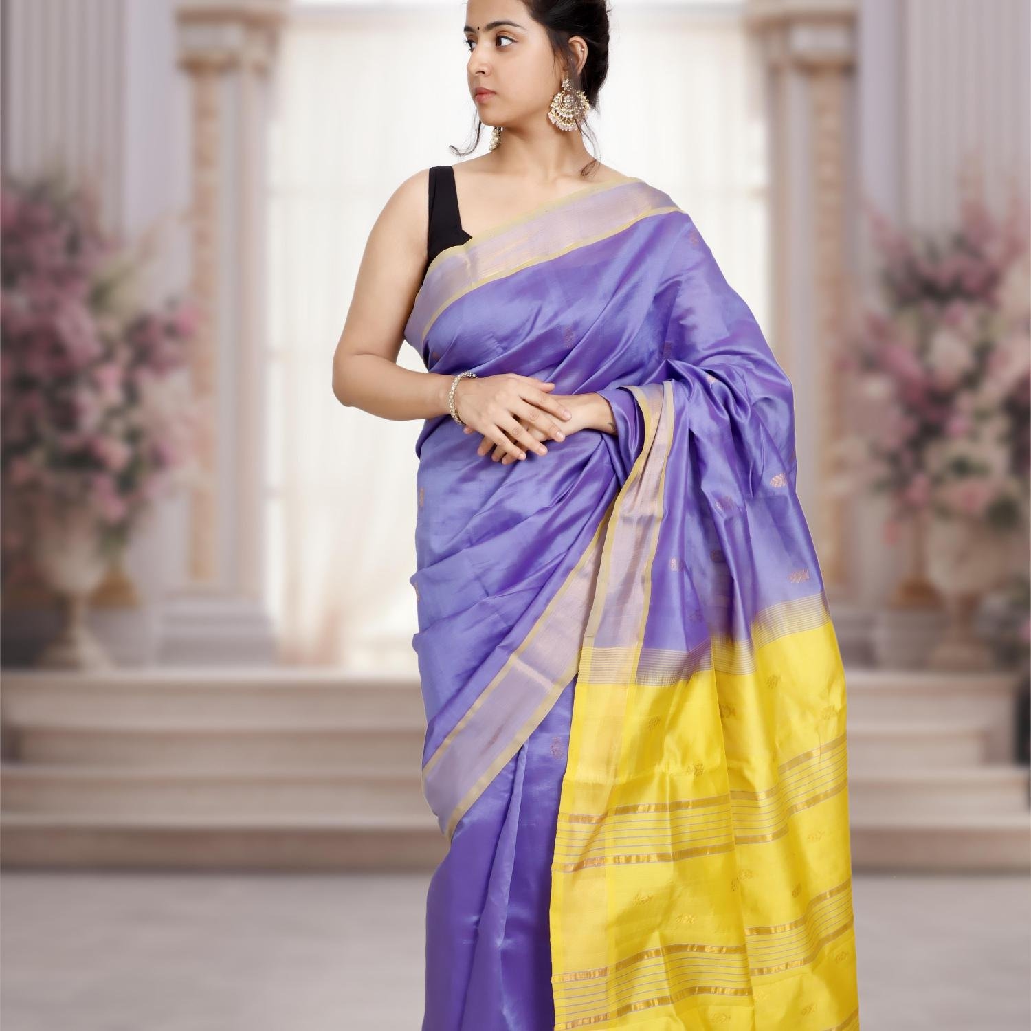 Kanchi Silk Cotton Saree – Lilac with Yellow Pallu & Golden Zari Border