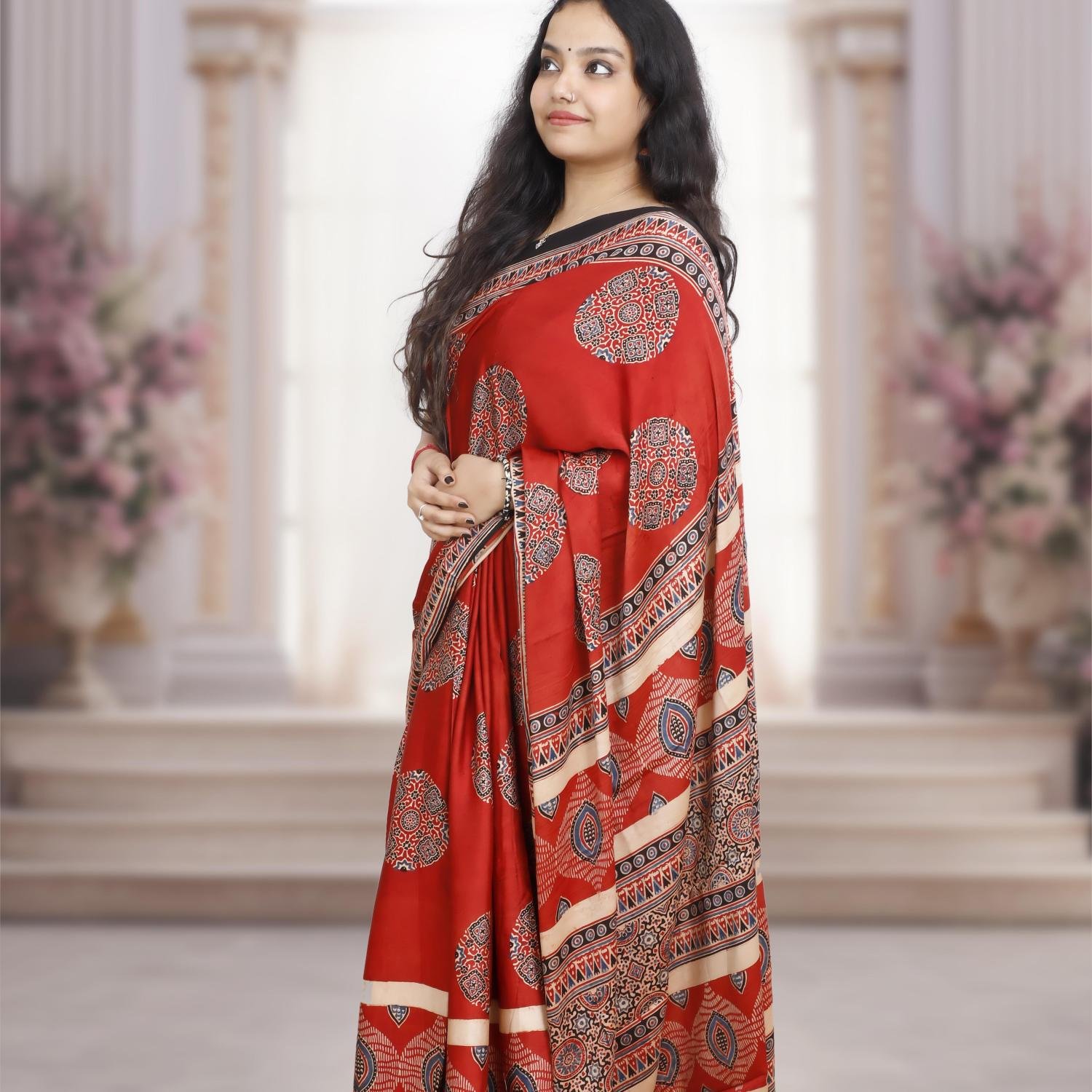Ajrakh Modal Silk Saree (Red) with Hand Made Tassels